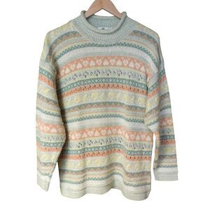 Vintage Strathspey Scotland Fair Isle Cotton Sweater Roll Neck Pointelle knit M